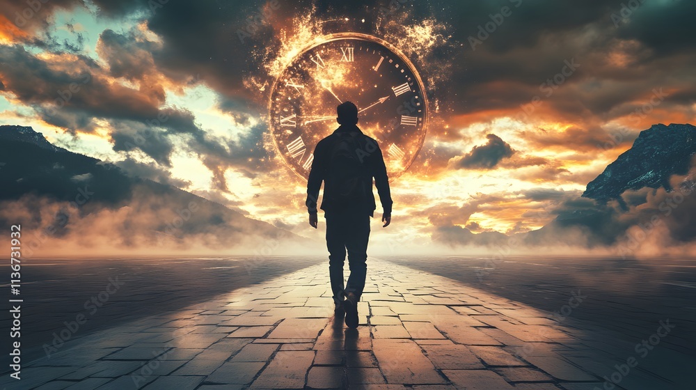 Poster surreal journey into time: a person walking towards a ghostly clock set against a dramatic sky with 
