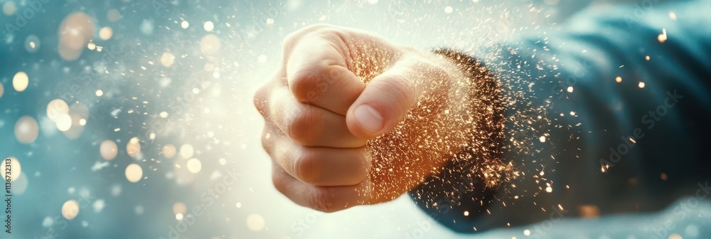 Poster hand clenched tight unleashes a magical explosion of sparkling dust into the air