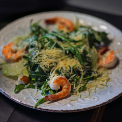 Shrimp and cheese salad concept for a healthy gourmet menu