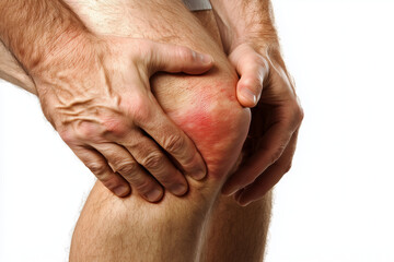 Fototapeta premium Man holding and touching hurt knee suffering from joint pain holding with hands red spot isolated on white background. Arthritis or osteoarthritis medical concept.