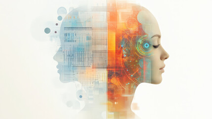 A digital and abstract human profile, symbolizing the fusion of technology and humanity, with circuits and patterns interwoven with a human face.
