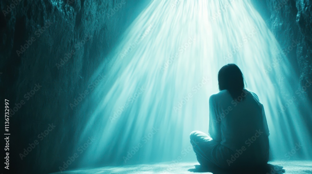Poster Light Cascades Down Into a Serene Cave Sanctuary Inviting Deep Contemplation and Connection