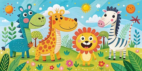 Fototapeta premium Whimsical Hand-Drawn Animals for Kids Featuring a Playful Lion, Crocodile, Zebra, and Giraffe, Perfect for Children's Design Projects and Decor Ideas