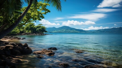 Tranquil coastal view with palm trees and clear waters at midday