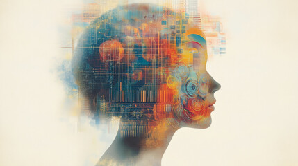 A colorful abstract profile combining human and digital elements, symbolizing the fusion of technology and creativity in a mind's limitless potential.