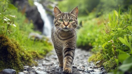 A confident tabby cat walking on a rocky path surrounded by lush greenery and a waterfall, AI
