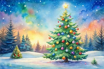 Whimsical Watercolor Christmas Tree in a Magical Winter Landscape with Snowflakes Falling Softly and a Dreamy Sky, Perfect for Holiday Spirit and Seasonal Decorations