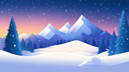 Fototapeta premium Serene Winter Wonderland: Snowfall over Majestic Mountains and Frosty Pines