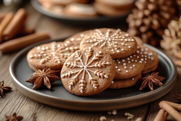 Gingerbread cookies adorned with icing sit on a wooden table surrounded by festive decorations