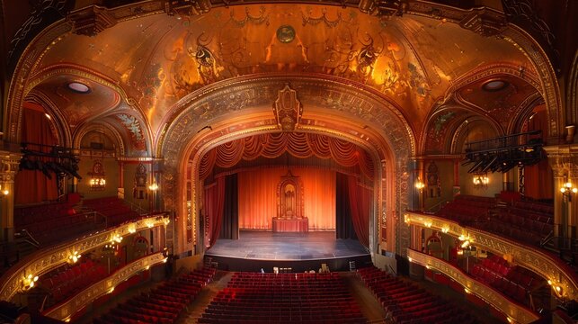 Majestic 1930s Style Theatre with Golden Ornaments and Velvet Curtains