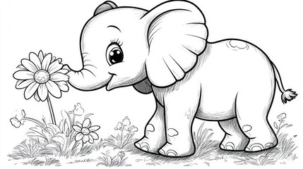 Obraz premium Adorable baby elephant smelling a daisy in a field.