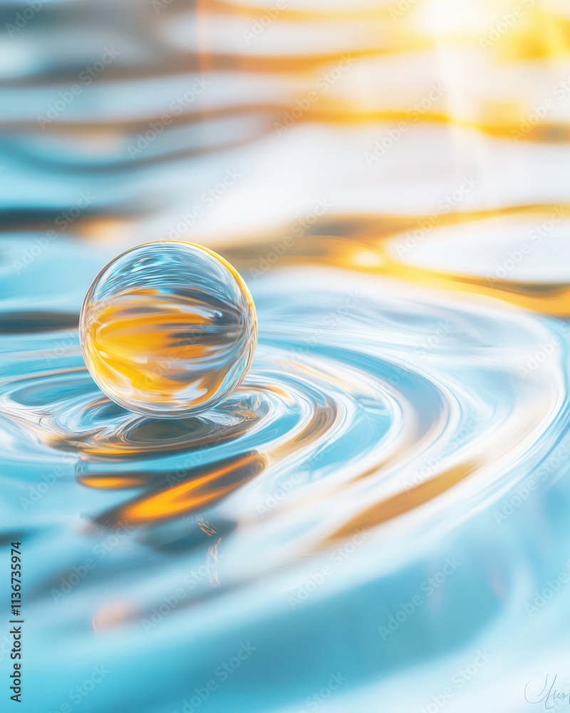 Poster exploring reflections and distortions in water at sunset with a clear sphere