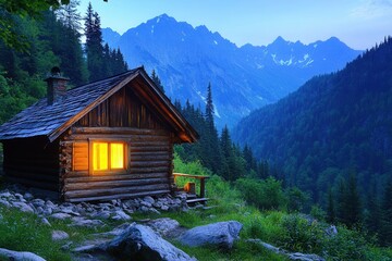 Fototapeta premium A home nestled in the woods. A cabin set against a backdrop of stones. An evening scene featuring a house. Lights are on in the residences