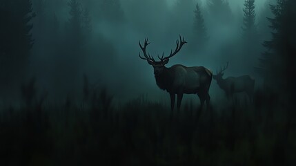 Obraz premium Majestic male elk stands in a misty forest, showcasing its impressive antlers against a backdrop of ethereal fog.