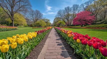 Vibrant spring garden with blooming tulips and charming gazebo under blue sky