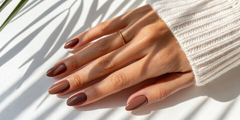 Fototapeta premium Close-up of a Girl's Hand with Mocha Mousse Manicure on White Background with Shadows.