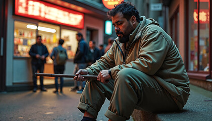Obraz premium Downtrodden man in urban setting, serious expression, looking away from camera, Background includes neon sign and people.