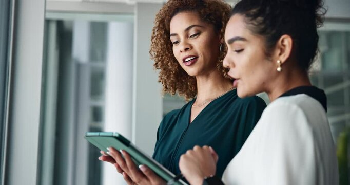 Tablet, conversation and business women in office with online investment revenue report for company. Meeting, discussion and female financial advisors with digital technology for finance profit.