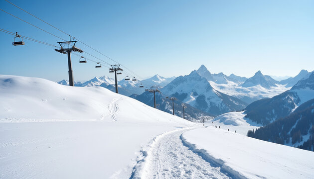 Ski lift lines above the snowy slopes with mountains in bright sunlight for ski resort concept