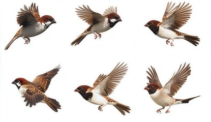 Obraz premium A group of sparrows spreading their wings and feathers in flight against a white background
