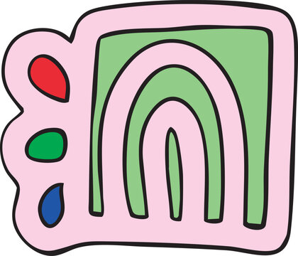 doodle arcobaleno rosa con rob, rosso, verde e blu e campi verde. ricorda una porta