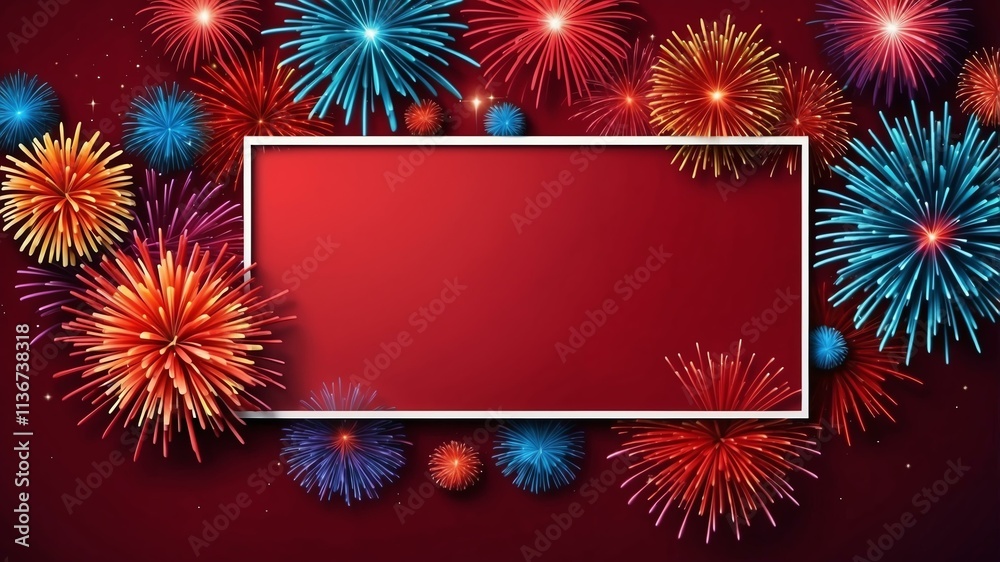 Wall mural red background with border frame of colorful fireworks