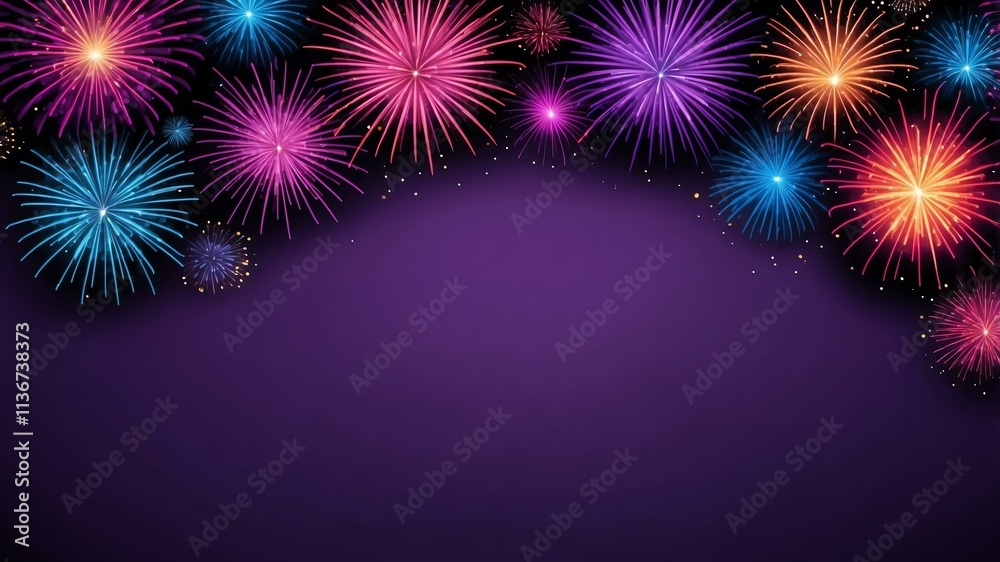 Wall mural purple background with border frame of colorful fireworks