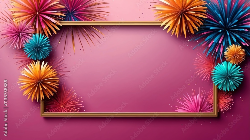 Wall mural pink background with border frame of colorful fireworks