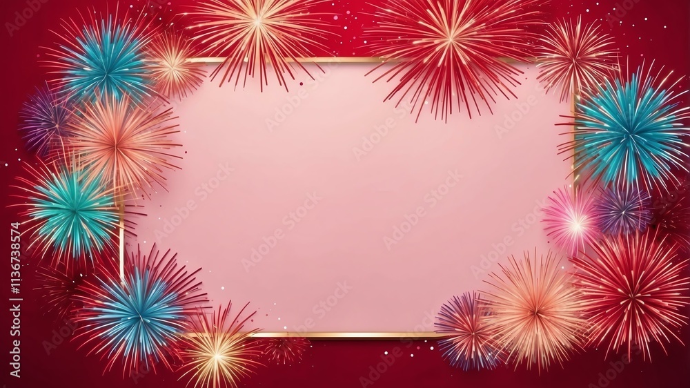 Wall mural pastel red background with border frame of colorful fireworks