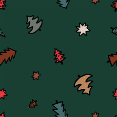 Seamless Vector Pattern with Hand-Drawn Christmas Trees and Stars on a Green Background