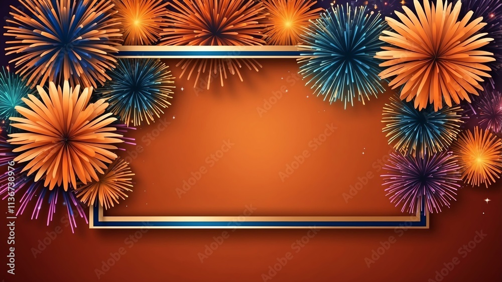 Wall mural orange background with border frame of colorful fireworks