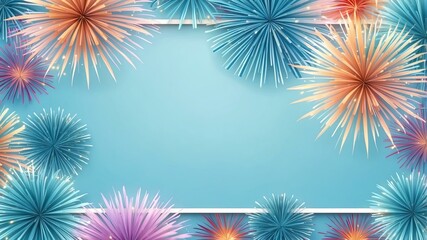 pastel blue background with border frame of colorful fireworks