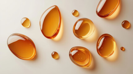 Amber colored oil drops with varied irregular shapes and sizes on transparent background. Realistic 3d vector illustration set of brown droplets of natural serum, skincare product or liquid syrup.