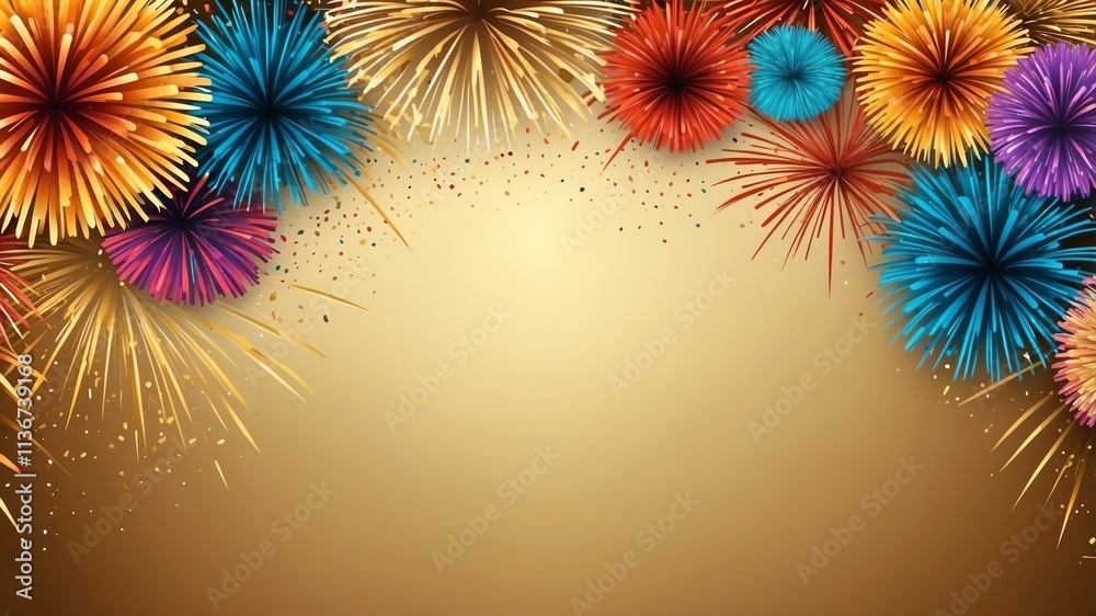 Wall mural gold background with border frame of colorful fireworks