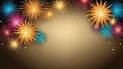 Naklejka premium gold background with border frame of colorful fireworks
