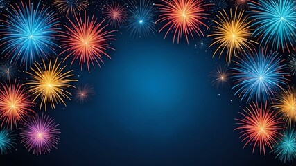 Naklejka premium blue background with border frame of colorful fireworks