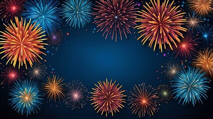 Fototapeta premium blue background with border frame of colorful fireworks