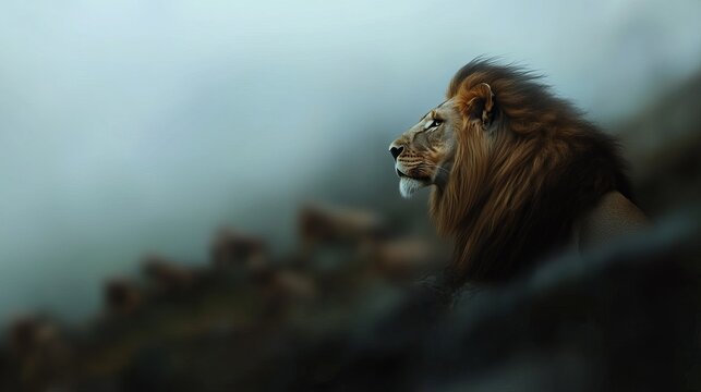 Majestic male lion gazes into the distance, surrounded by a misty wilderness, showcasing its regal mane and powerful presence.