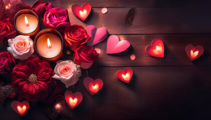velas y corazones con pétalos de rosa para el día de San Valentín día de los enamorados