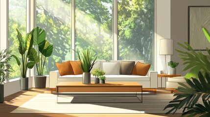 Sunlit living room with sofa, plants, and large windows.