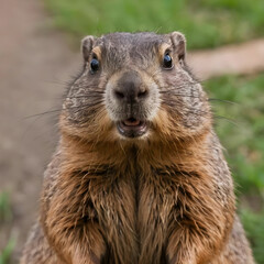Closeup of a curious groundhog coming to look at the camera lens