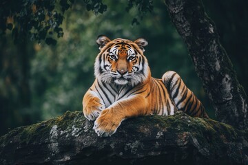 Obraz premium The fierce tiger, specifically the Sumatran tiger (Panthera tigris sumatrae), is a stunning animal, and its portrait