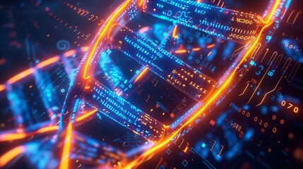 Futuristic digital DNA strand with glowing circuits and data visualizations representing technology and science