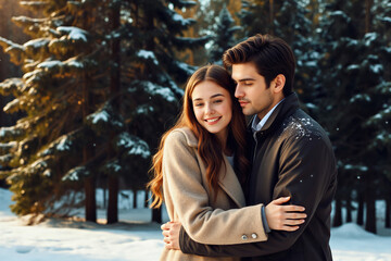 Loving Couple Embracing Outdoors in a Beautiful Snowy Winter Forest Scene