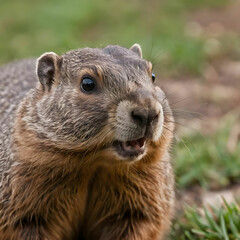 Closeup of a curious groundhog coming to look at the camera lens