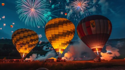Obraz premium Hot air balloon festival with colorful fireworks exploding in the night sky