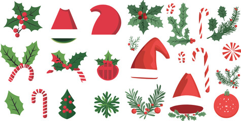 Christmas Illustrations Featuring Festive Icons Like Holly, Candy Canes, and Santa Hats