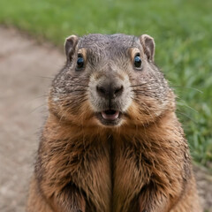 Closeup of a curious groundhog coming to look at the camera lens
