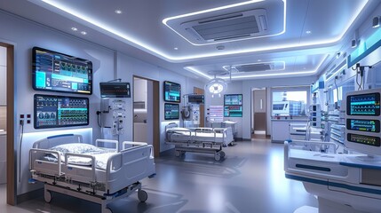 Fototapeta premium State-of-the-art ICU room with patient beds, advanced medical monitors, ventilators, and innovative healthcare technology systems