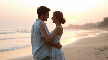 Young couple in love embracing each other on a romantic beach at sunset